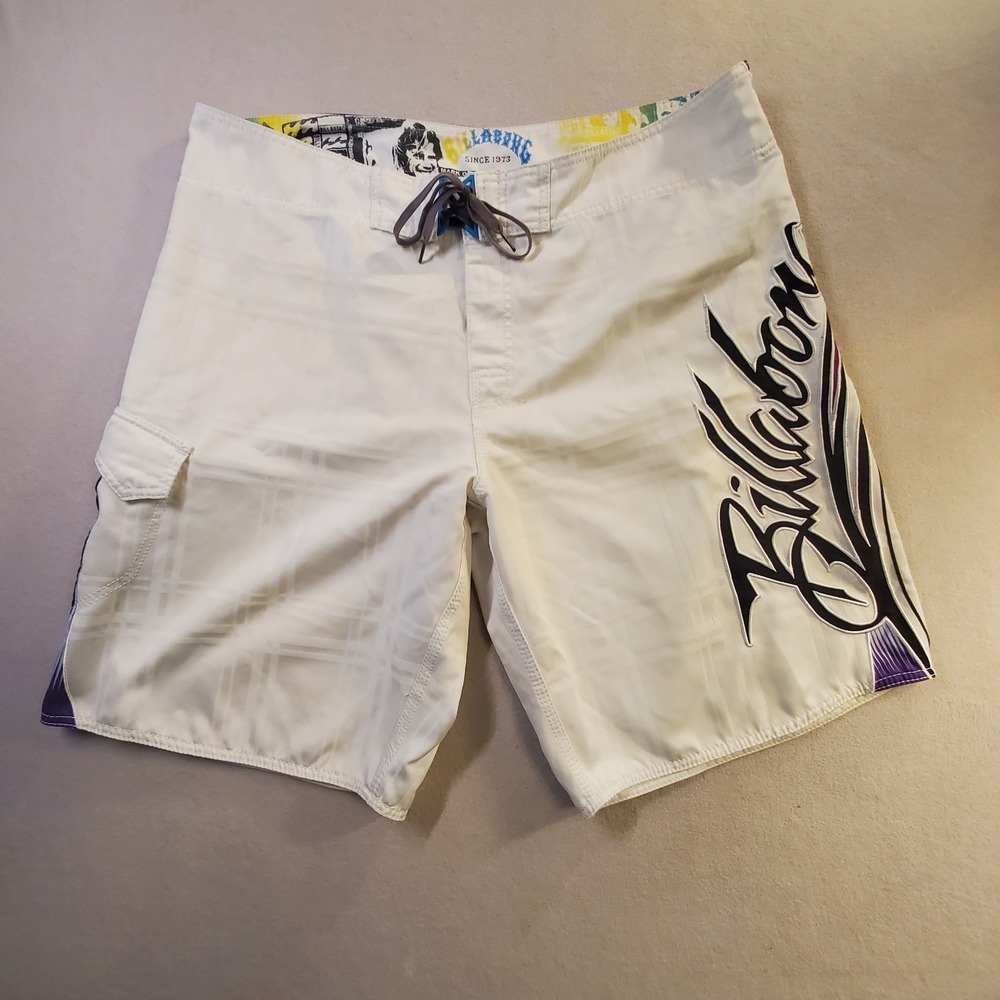Billabong Mark Occhilupo Signature Board Shorts Men 40 White Purple Surf Vintage